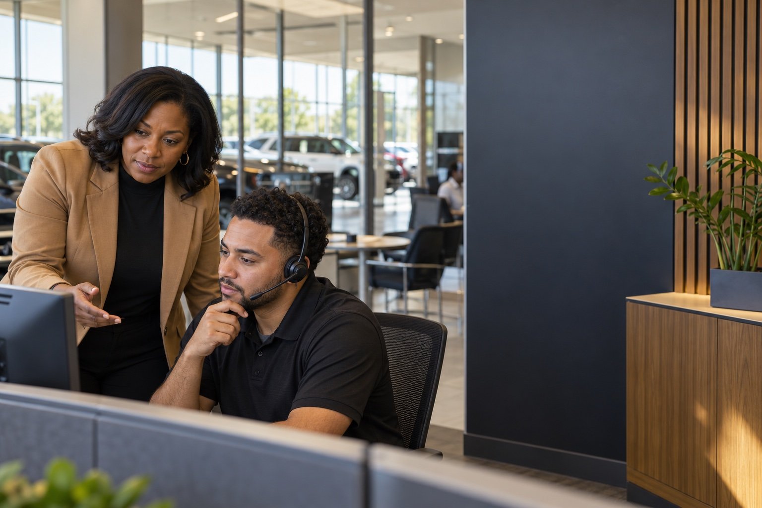 A BDC manager coaching a teammate beside the customer workspace.