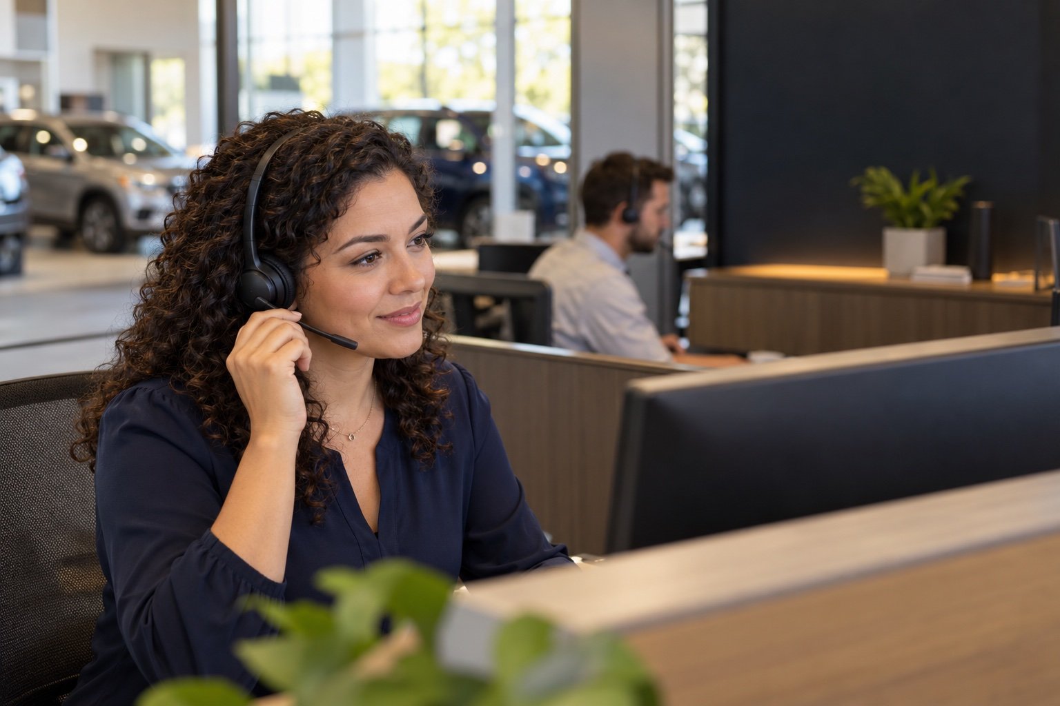 A BDC specialist listening to a customer on a call.