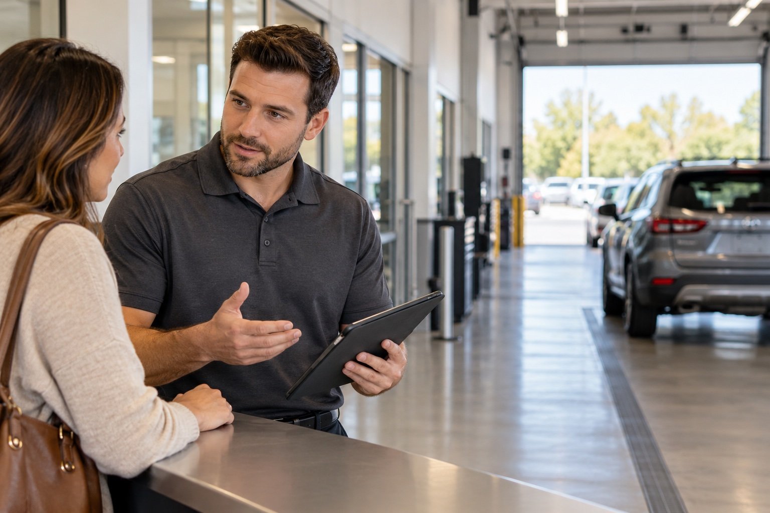 A service advisor helping a customer at the service counter.