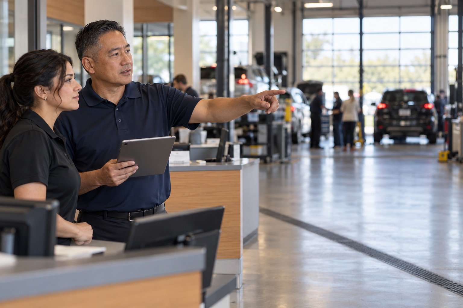 A service manager supporting an advisor on the service floor.